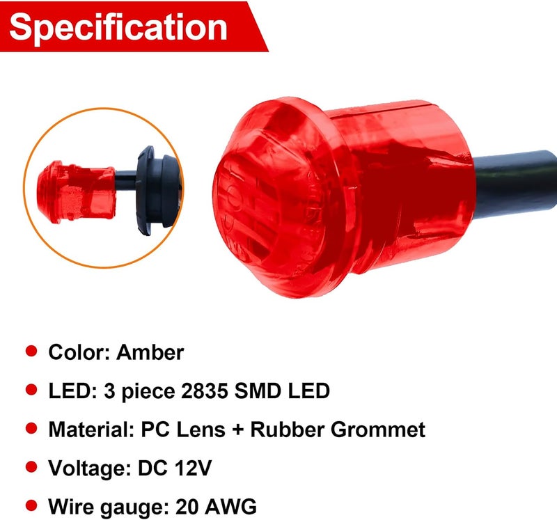 STODER 3/4 Led Marker Lights,Side Marker Trailer Lights, 12V Round Clearance Front Rear Marker Indicators Tail Light Waterproof for Car Truck Bus Trailer Van RV Pickup ATV Boats (Red) - Image 3